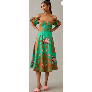 Maeve Puff-Sleeve Sweetheart Dress In Green Motif Size 6